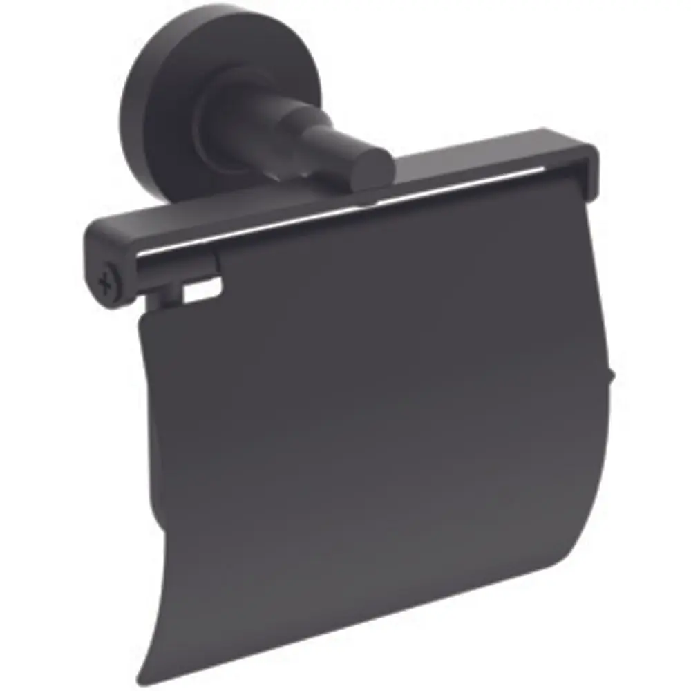 Papierrollenhalter in Schwarz mit Deckel, montiert an einer Wand, hergestellt von Ideal Standard. Design mit schlichter Halterung und abgerundeten Kanten.